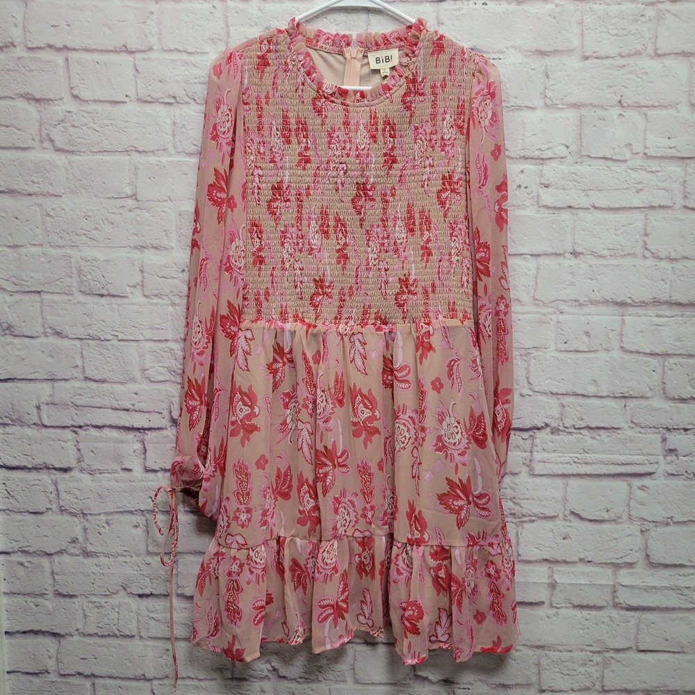 NEW Bibi Floral Ruffle Smocked Mini Dress L‎ Balloon Sleeve Flowy Fairy Coquette
